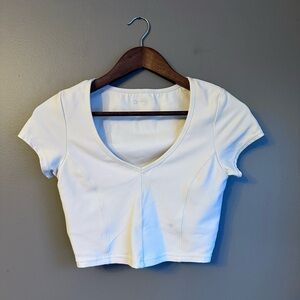 Offline Aerie Cropped Ribbed Spandex Short Sleeve Top Size Small Cream Shirt